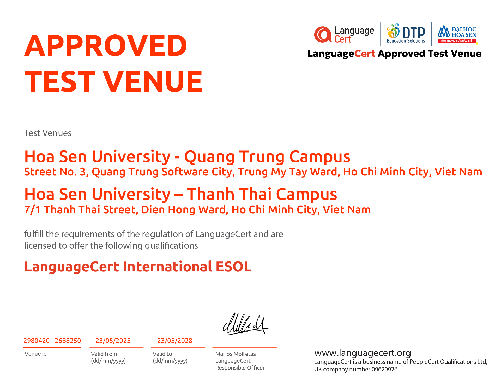 Giấy chứng nhận phê duyệt 02 LanguageCert Approved Test Venue tại Đại học Hoa Sen.